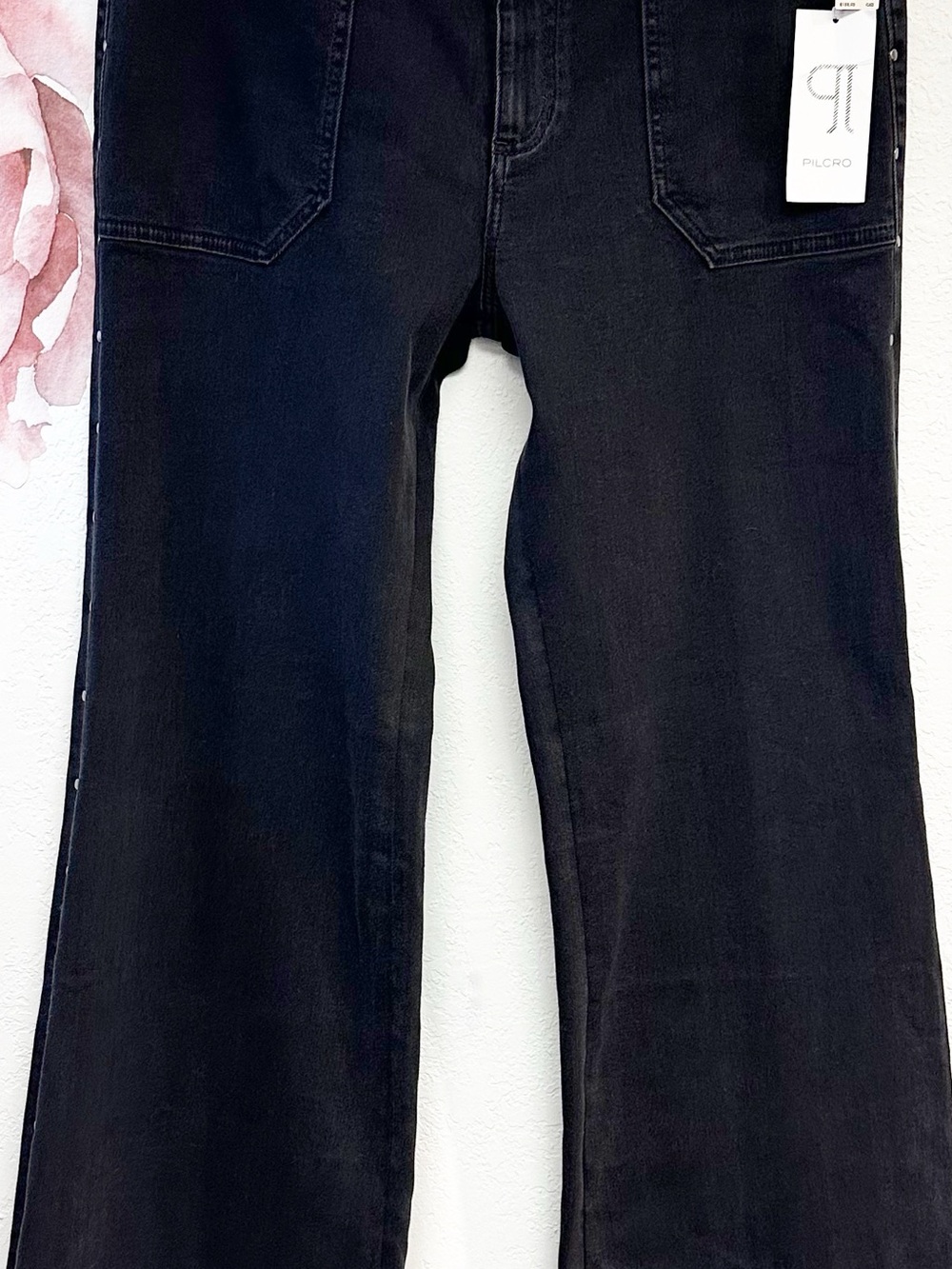 Pilcro Anthropologie The Rylan Black Studded Relax Hi Rise Flare Jeans NWT 32T - Picture 7 of 15